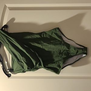 New asymmetrical green lined one piece bathing suit